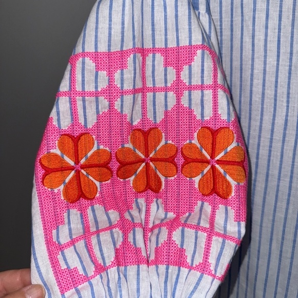 EUC Vilagallo Kaya Striped Embroidered Blouse Blue White Size 50 2XL - Picture 6 of 8